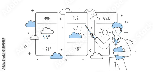 Meteorological report, weather forecast doodle concept. Tv presenter male character stand at screen with meteorology map. Anchorman presenting monitor with information, line art vector illustration photo