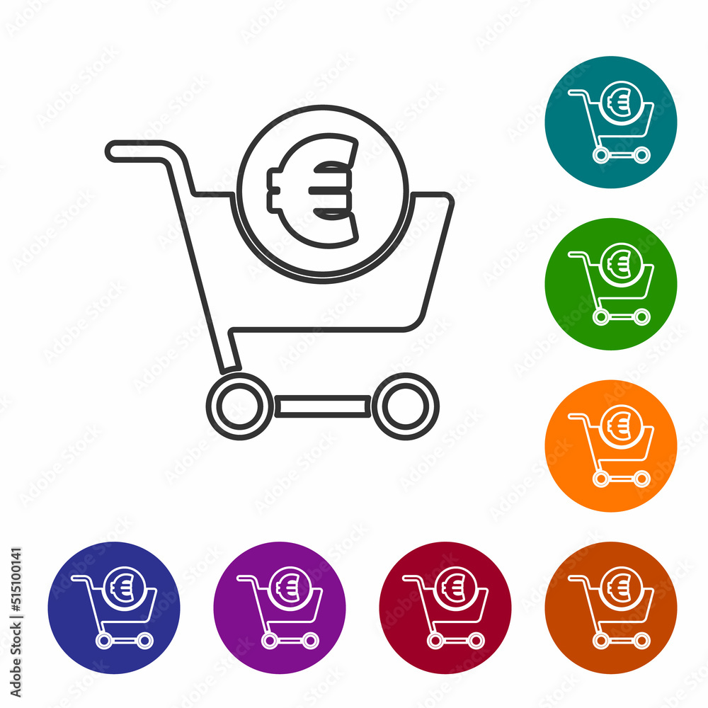 Black line Shopping cart and euro symbol icon isolated on white background. Online buying concept. Delivery service. Shopping cart. Set icons in color circle buttons. Vector Illustration Black line Shopping cart and euro symbol icon isolated on white background. Online buying concept. Delivery service. Shopping cart. Set icons in color circle buttons. Vector Illustration