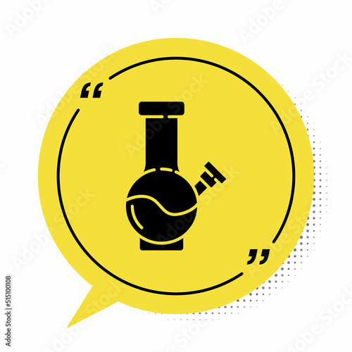 Black Glass bong for smoking marijuana or cannabis icon isolated on white background. Yellow speech bubble symbol. Vector Illustration