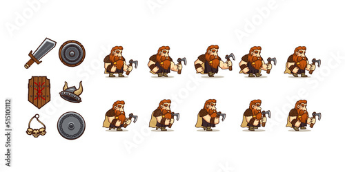 Game armor icons and character viking walk cycle sequence. Vector cartoon set of sword, shields, helmet with horns and skull necklace. Sprite sheet of walking man warrior with axe for 2d animation
