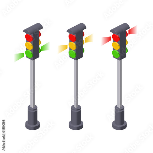 Set of traffic lights in isometric style for print and design. Vector illustration.