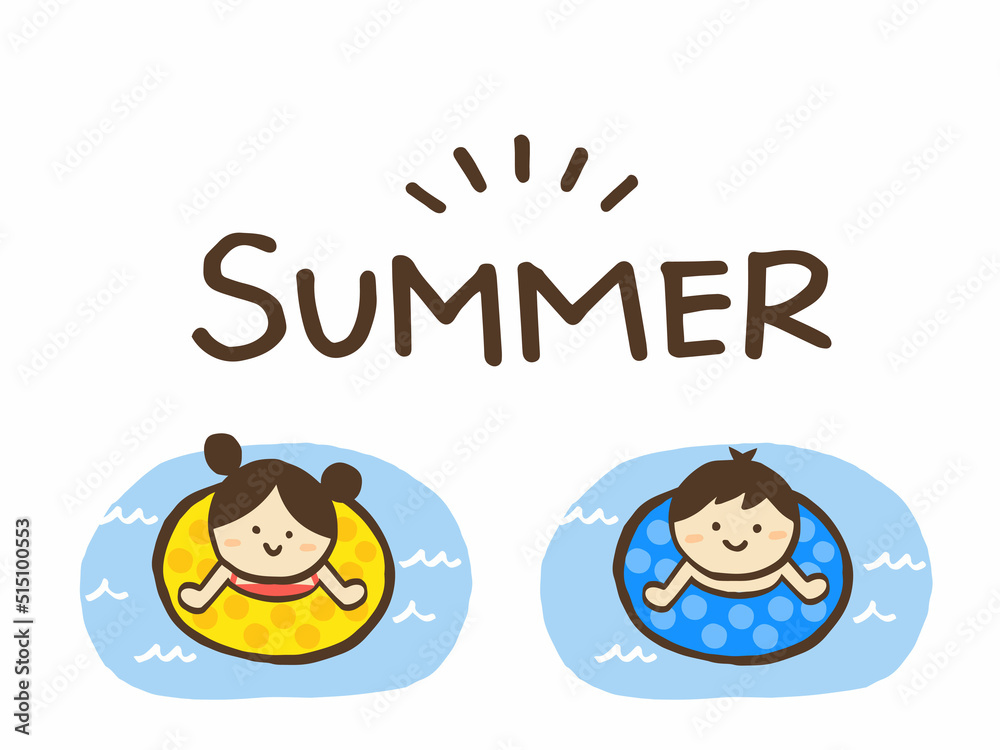 かわいい夏の子供の海水浴イラストセット/手描きイラスト素材 かわいい夏の子供の海水浴イラストセット/手描きイラスト素材