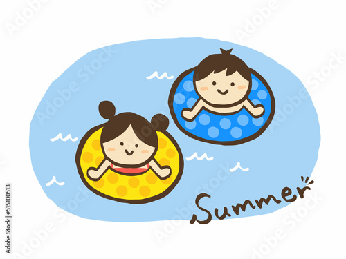かわいい夏の子供の海水浴／手書きイラスト素材