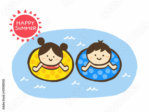 かわいい夏の子供の海水浴／手描きイラスト素材