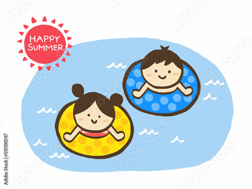 かわいい夏の子供の海水浴／手描きイラスト素材
