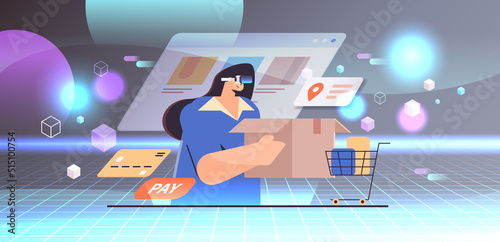 womanin virtual reality digital glasses holding cardboard box ordering goods fast delivery service online shopping concept