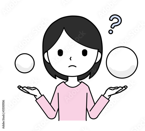 両手にモノを持って比べる女性のイラスト 困り顔 上半身 線画