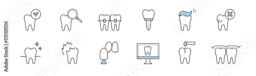 Dentistry and stomatology doodle icons set. Vector linear signs, dental care and medicine Teeth implant, braces, paste and desktop with tooth, stomatological tools, caries treatment, oral health