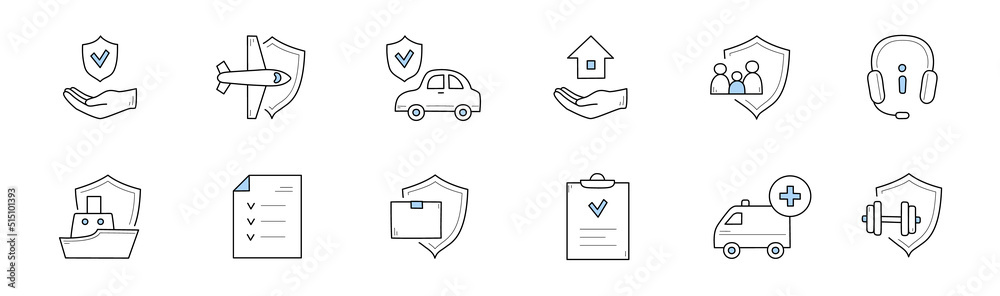 Insurance service doodle icons. Vector signs health, life and property protection. Hand with shield, airplane, car, house and family protection. Operator headset, policy document, ship, ambulance Insurance service doodle icons. Vector signs health, life and property protection. Hand with shield, airplane, car, house and family protection. Operator headset, policy document, ship, ambulance