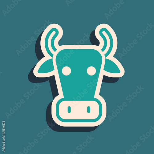Green Cow icon isolated on green background. Long shadow style. Vector
