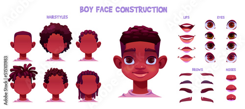Boy face construction, child african creation with head parts isolated on white background. Vector cartoon set of black skin kid face generator with eyes, noses, hairstyles, brows and lips