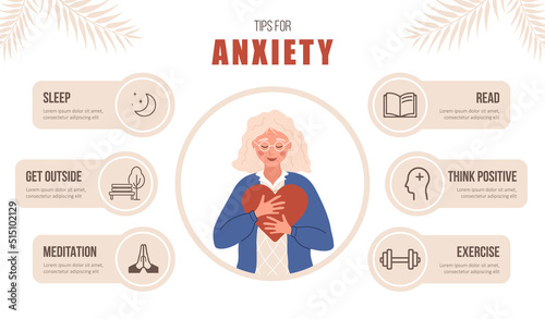 Mental health. Tips for anxiety. Happy elderly woman love herself. Psychology help. Self care concept. Vector illustration in flat cartoon style.