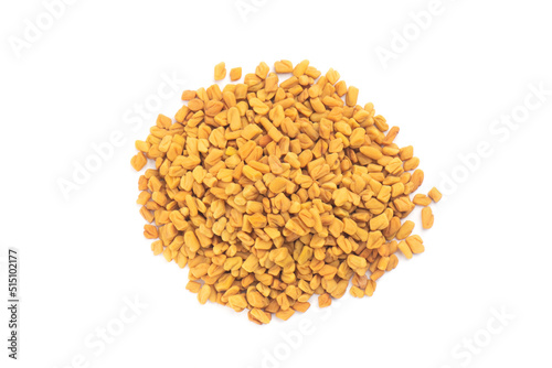 Bunch from fenugreek (Trigonella foenum-graecum) on white background isolated. Macro. Close up. Flat lay. Indian cuisine, ayurveda, naturopathy concept