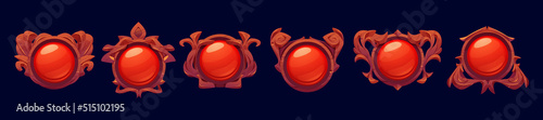 Game level or avatar frames, ui icons, buttons, ranking badges or banners with red glossy crystal plank and wooden bordering decor. Isolated award or bonus Vector graphic elements for rpg, 2d design
