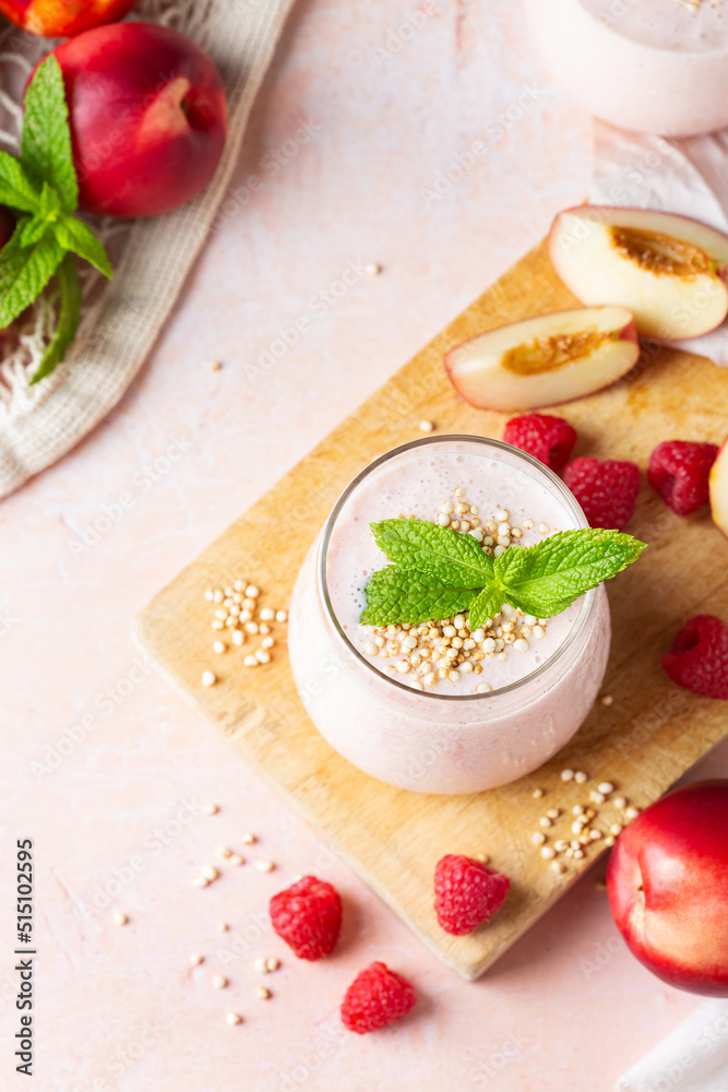 Peach raspberry smoothie, summer refreshing drink, beverage Peach raspberry smoothie, summer refreshing drink, beverage
