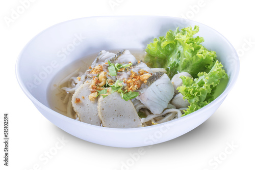 Fish Noodles : Rice Vermicelli with Fish Dumplings, Fish Balls, Fish Line in White Bowl and isolate background