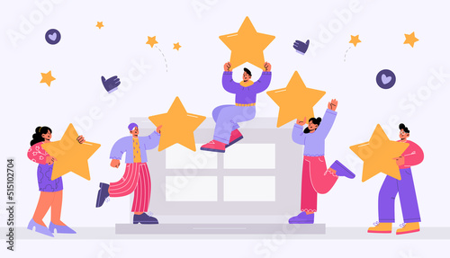 Customer feedback, online review concept. Vector flat illustration of service rating with people holding five gold stars, like symbols and laptop on light background