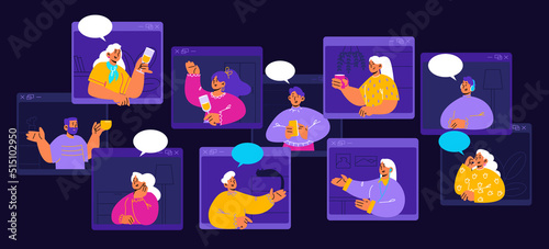 Online meeting friends, video conference with happy people on screens. Vector flat illustration of video call, virtual meeting with men and women with drinks and speech bubbles