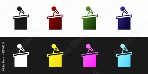 Set Stage stand or debate podium rostrum icon isolated on black and white background. Conference speech tribune. Vector