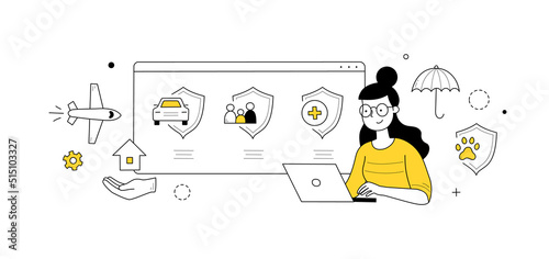 Insurance service doodle concept. Woman with laptop choose safety policy for health, life, property, family or pets protection, outline icons. Secure assurance Linear vector illustration