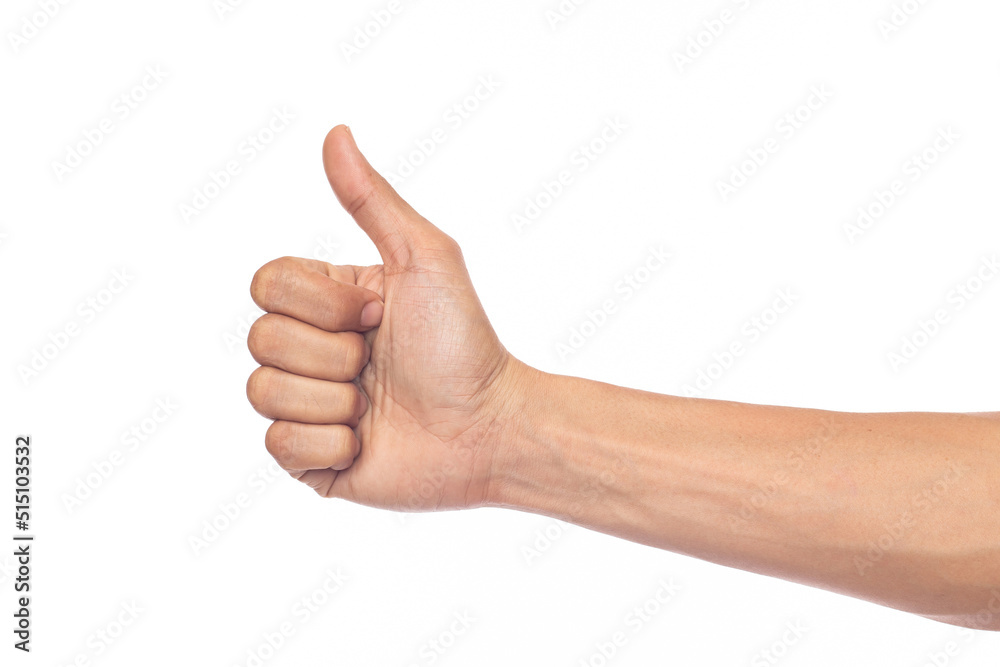 Closeup of man hand showing thumbs isolated on white background Closeup of man hand showing thumbs isolated on white background