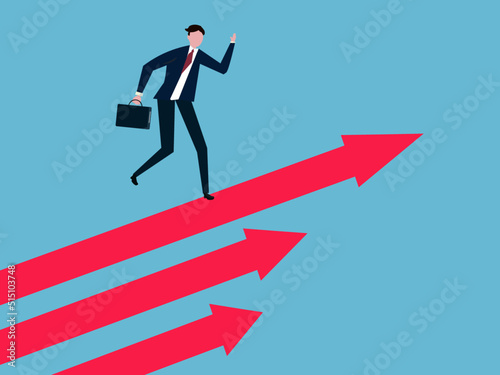 Businessman chase dream. Man run up on arrow up to success. Vector illustration