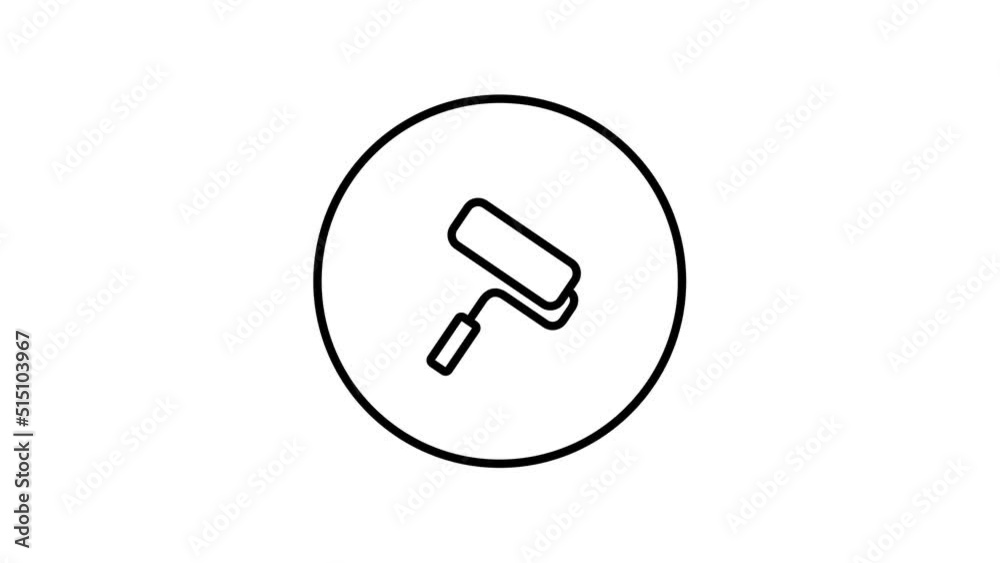 Video animation of paint roller, in circle black and white button, self drawing outline. Video animation of paint roller, in circle black and white button, self drawing outline.