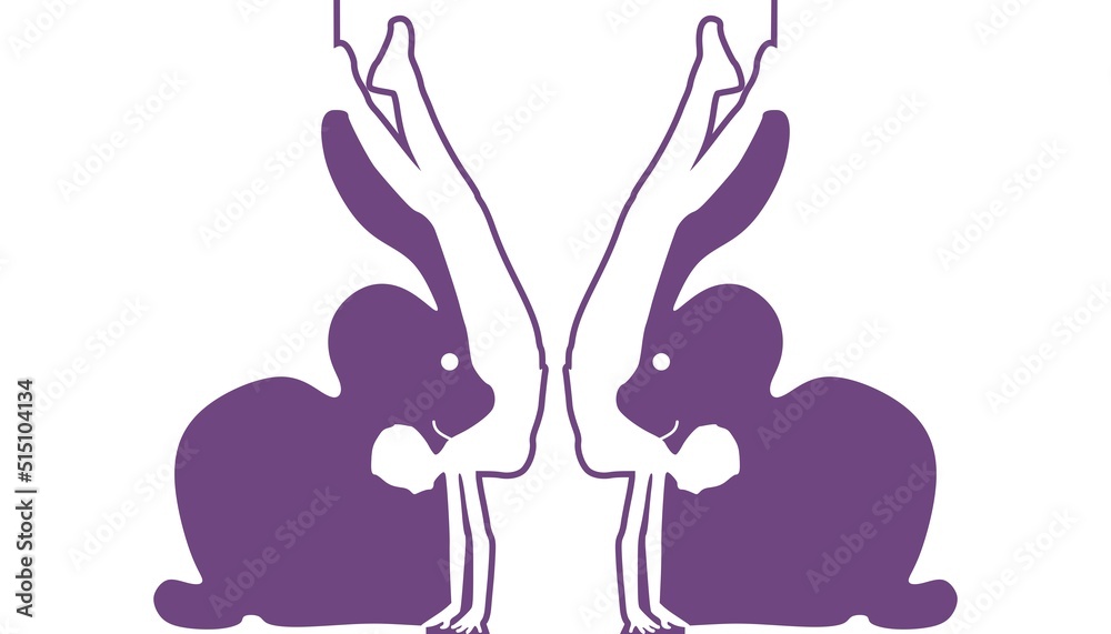 Optical illusion. Two beautiful women make silhouette of rabbit