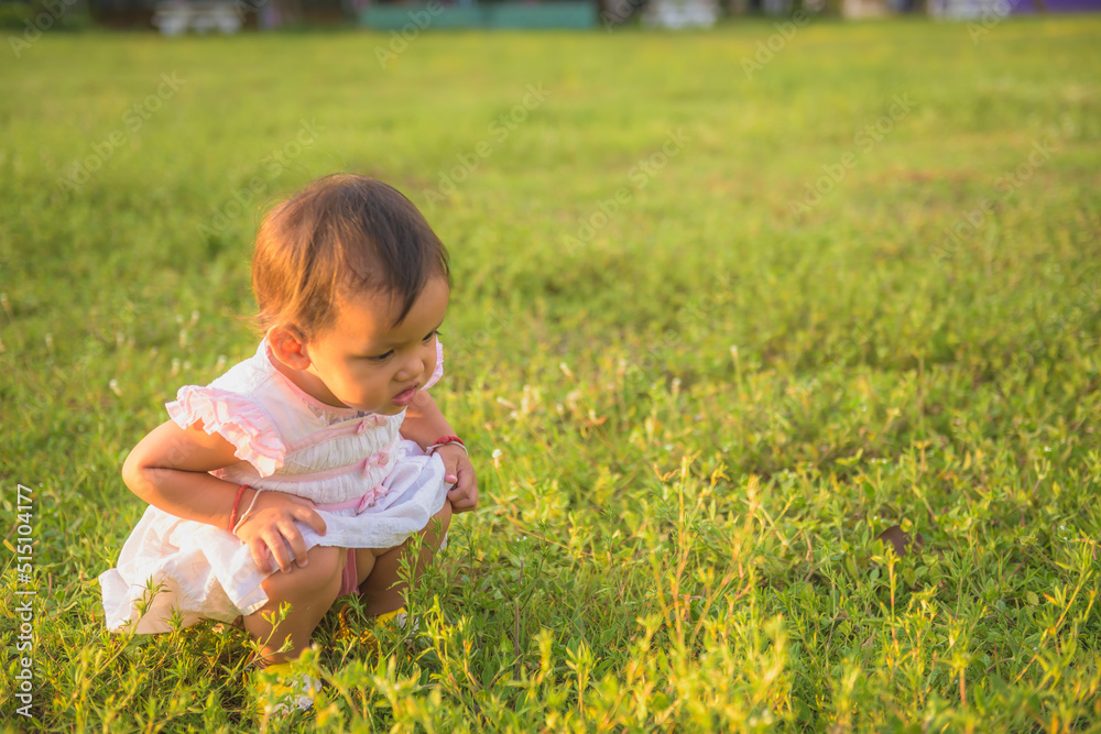 A little girl in the lawn looks at the spider closely at sunset. young naturalist Concept of observing nature of children. A little girl in the lawn looks at the spider closely at sunset. young naturalist Concept of observing nature of children.