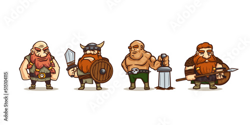 Viking cartoon characters, ancient scandinavian warriors with ginger beard, sword, spear and wooden shields. Game personages, funny medieval barbarians in horned helmets mascots, Vector illustration