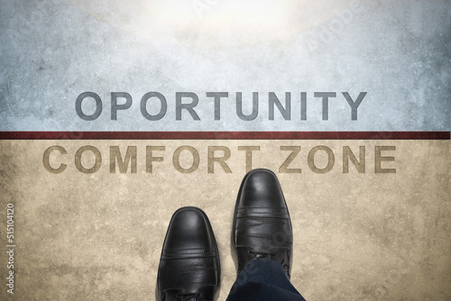 Comfort Zone Concept. new opportunities obtained when leaving comfort zone. text comfort zone and opportunities on the way of businessman photo