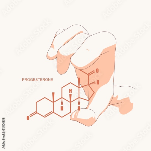 Hand holding chemical molecular formula of hormone progesterone.