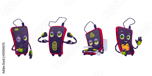 Cartoon mobile phone character set. Cute smartphone in different poses. Chat bot personage, funny cellphone mascot with gift box, sick, satisfied with thumb up and show muscles, Vector illustration