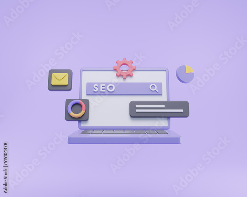 3D Render search engine optimization SEO for web analyst and web rank on purple background