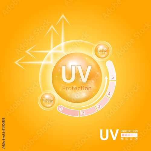 UV protection your skin ultraviolet sunblock. SPF 50 sun protection. Cosmetic products design with vitamins cream whitening for skin care. On a orange background Vector illustration.