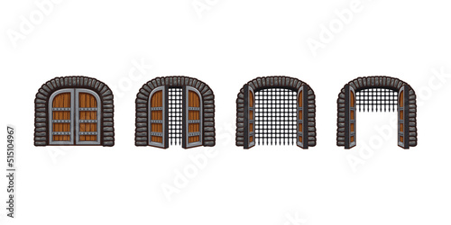Cartoon medieval castle gates opening animation for game. Palace door sprite sheet motion. Fortress entrance, open and closed wooden arch with metal grate, old doorway or gateway Vector illustration