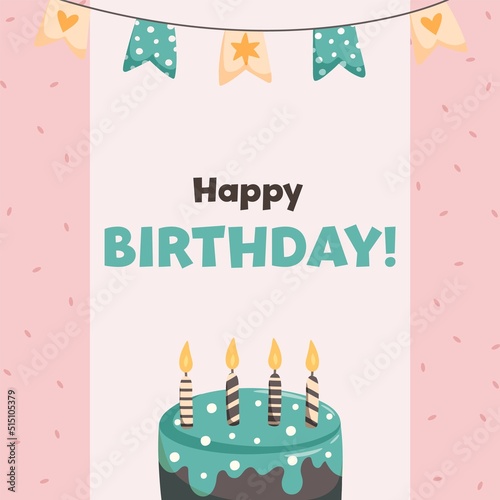 Birthday card or poster with cake, garland and text Happy Birthday. Vector illustration in cartoon style.