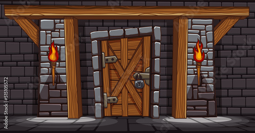 Medieval castle gate at night, palace entry exterior with closed door and burning torches. Fortress tower architecture, fairytale dungeon building facade, stone brick wall, Cartoon vector illustration