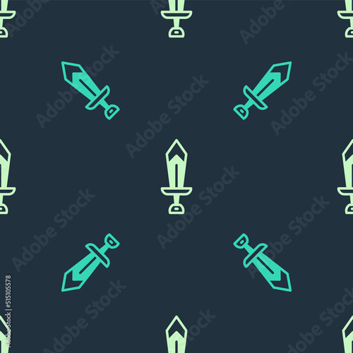 Green and beige Sword for game icon isolated seamless pattern on blue background. Vector