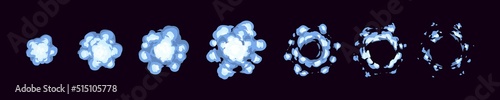Smoke explode animation sprite sheet. Cartoon clouds, steam vfx explosion animated shot, sequence frame. Puff effect movement storyboard motion, flash boom isolated elements, Vector illustration set.