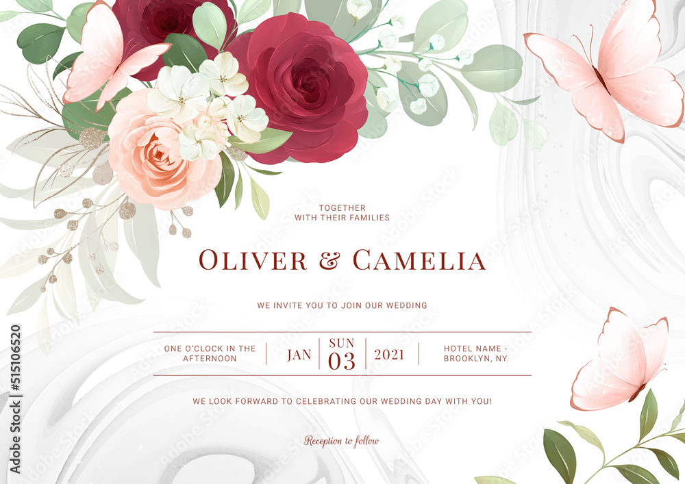 Horizontal greenery wedding invitation card template set