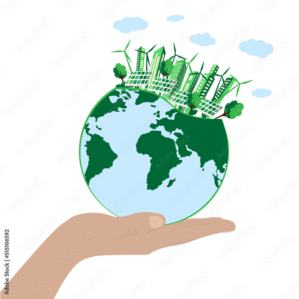 Green energy concept around the world with wind turbines, solar panels and city. Renewable sources of solar and wind energy. The human hand holds the green world. Vector illustration, flat style. Green energy concept around the world with wind turbines, solar panels and city. Renewable sources of solar and wind energy. The human hand holds the green world. Vector illustration, flat style.