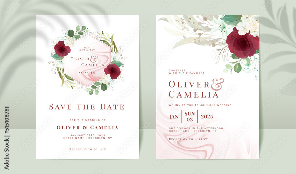 Burgundy roses wedding invitation card template set
