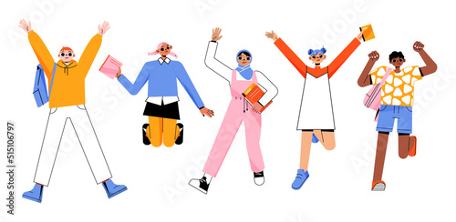 Happy jumping students with books and backpacks. Vector flat illustration of group of diverse young people joy, have fun and jump isolated on white background