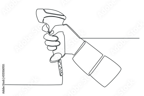 One continuous line drawing of hand are using barcode scanners. Shopping Mall concept. Single line draw design vector graphic illustration.