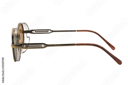 Steampunk round sunglasses brown lens and metal frame isolated on white background side view