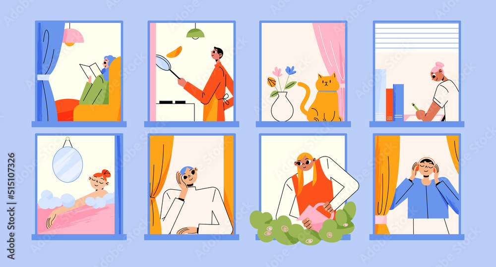 Neighbors in house windows read book, study, watering plants and look outside. Vector flat illustration of happy people in apartments cooking, listen music and taking bath Neighbors in house windows read book, study, watering plants and look outside. Vector flat illustration of happy people in apartments cooking, listen music and taking bath