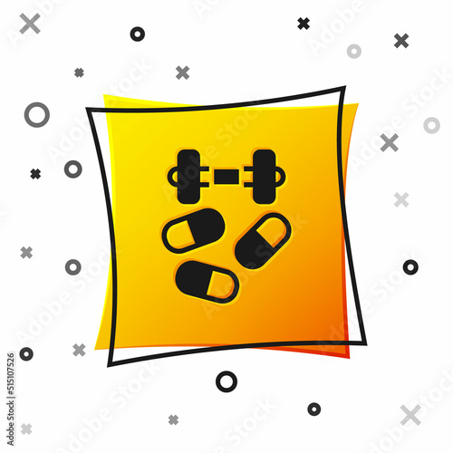 Black Sports doping, anabolic drugs with dumbbell icon isolated on white background. Anabolic steroids tablet. Pills in jar. Yellow square button. Vector