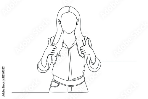 Continuous one line drawing young female showing thumps up. Satisfaction customer concept. Single line draw design vector graphic illustration.