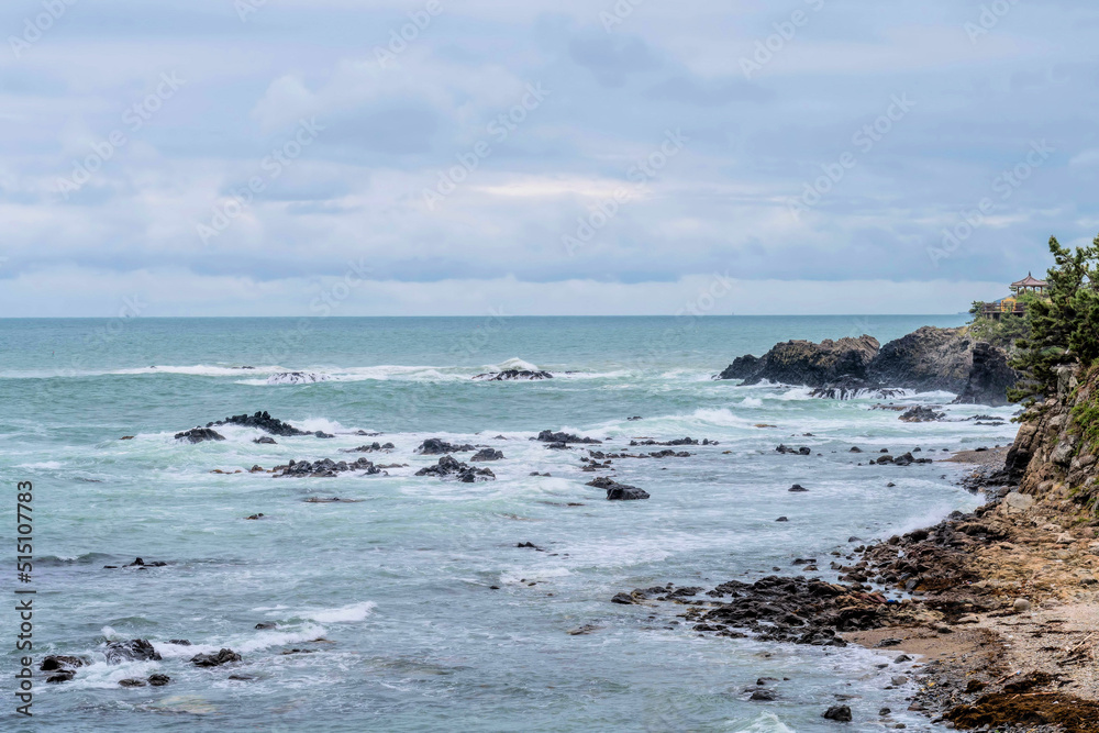 Ocean coastline cloudy sky.